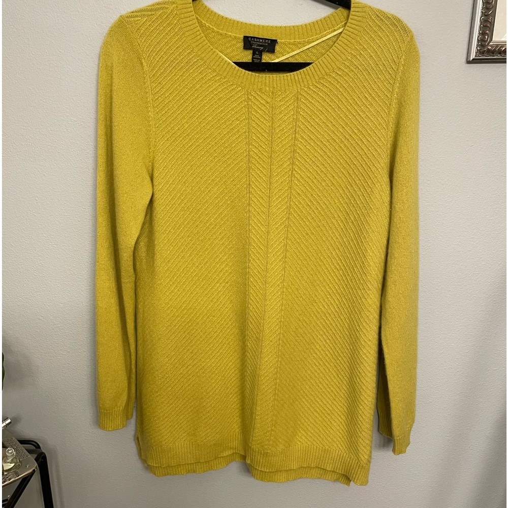 100% Cashmere Diagonal Ribbed Knit Sweater in Chartreuse size L